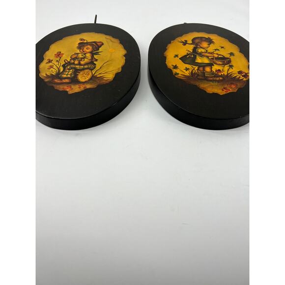 VTG. Hummel Art Boy and Girl Decoupage Plaques 2 Wood Oval Boy Cat Girl Flowers - Picture 6 of 12